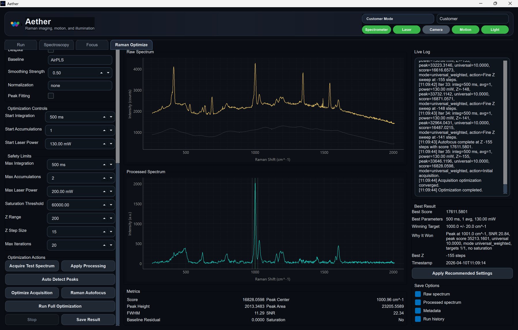 Aether live Raman optimization screen